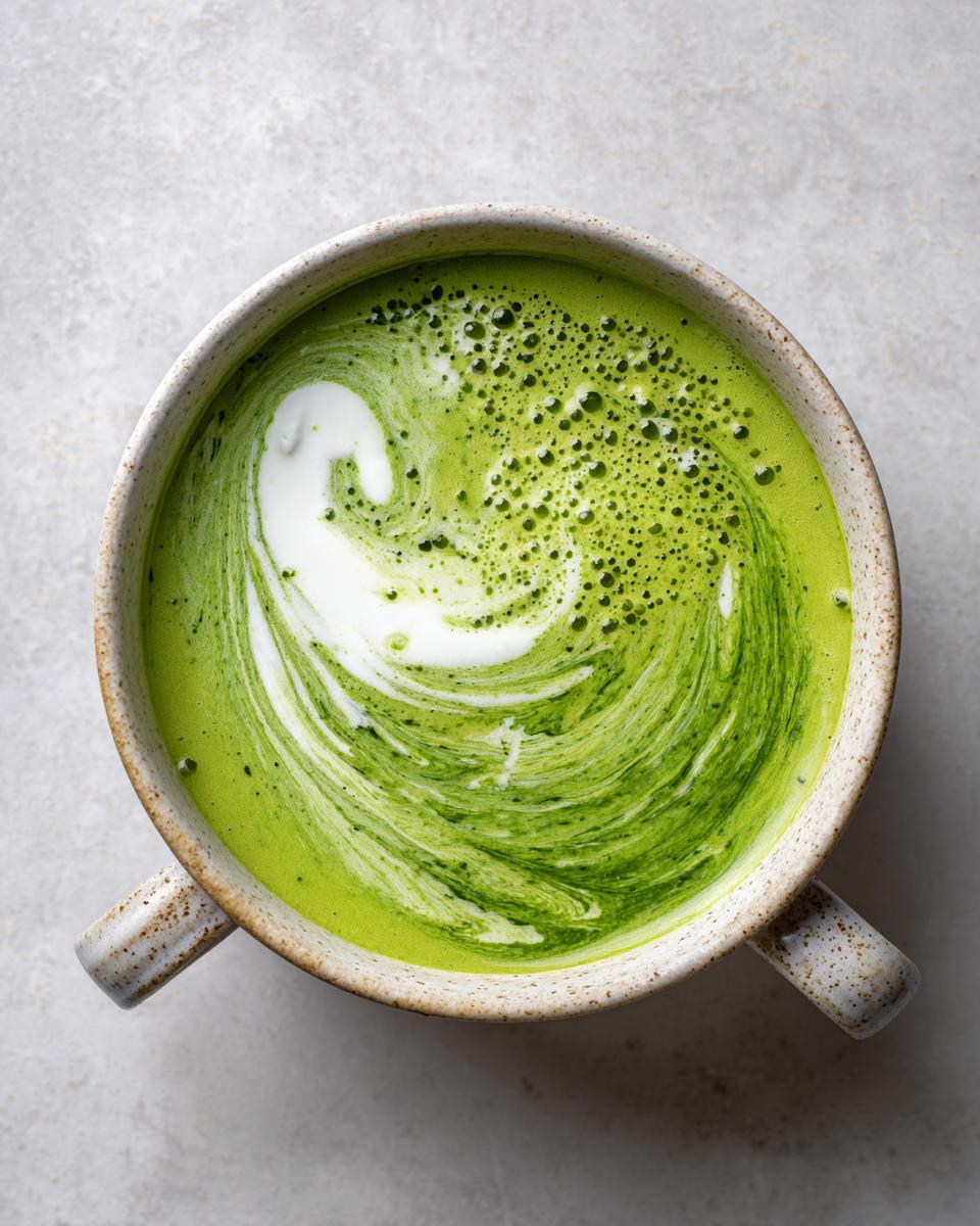 Overhead view of creamy asparagus soup with a swirl of white cream creating a vibrant green pattern.