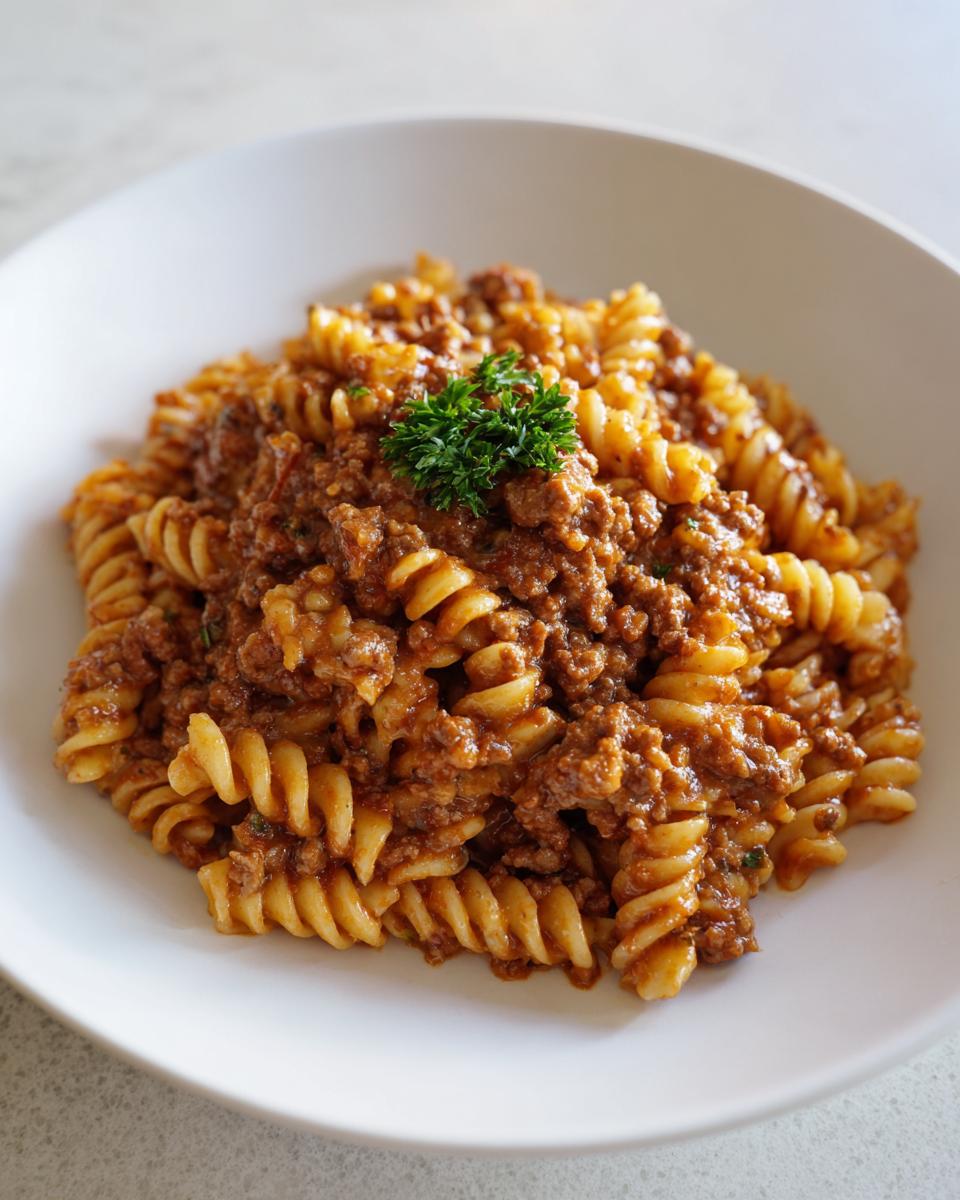 A close-up shot of creamy beef pasta made with fusilli noodles, topped with fresh parsley.