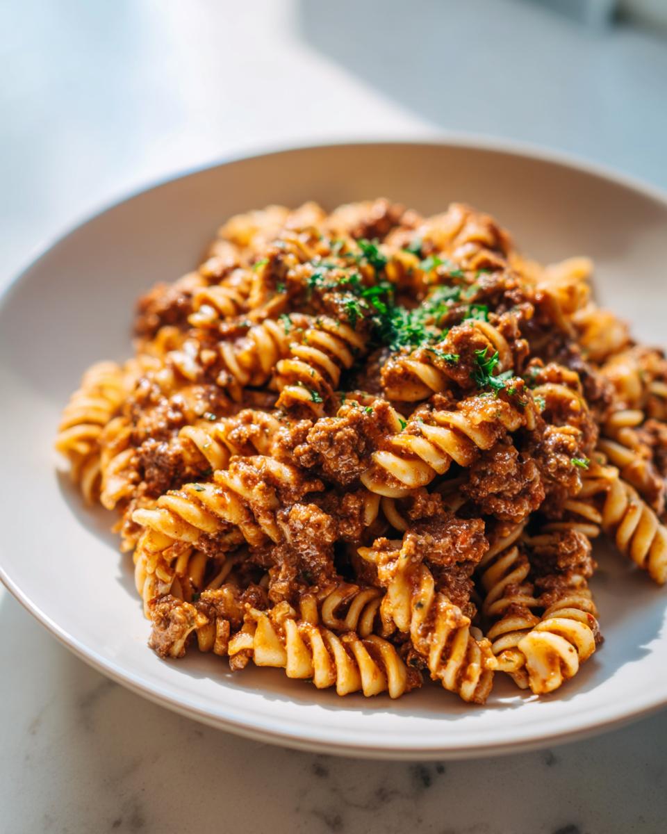 A close-up of a plate piled high with creamy beef pasta made with fusilli noodles and topped with fresh parsley.