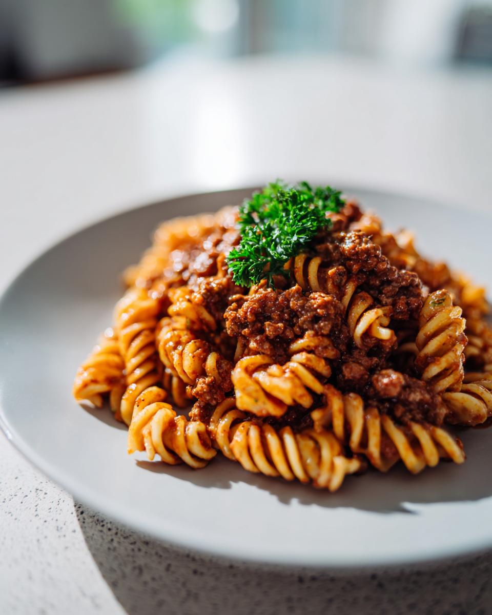 A close-up of creamy beef pasta using fusilli noodles, topped with fresh parsley.