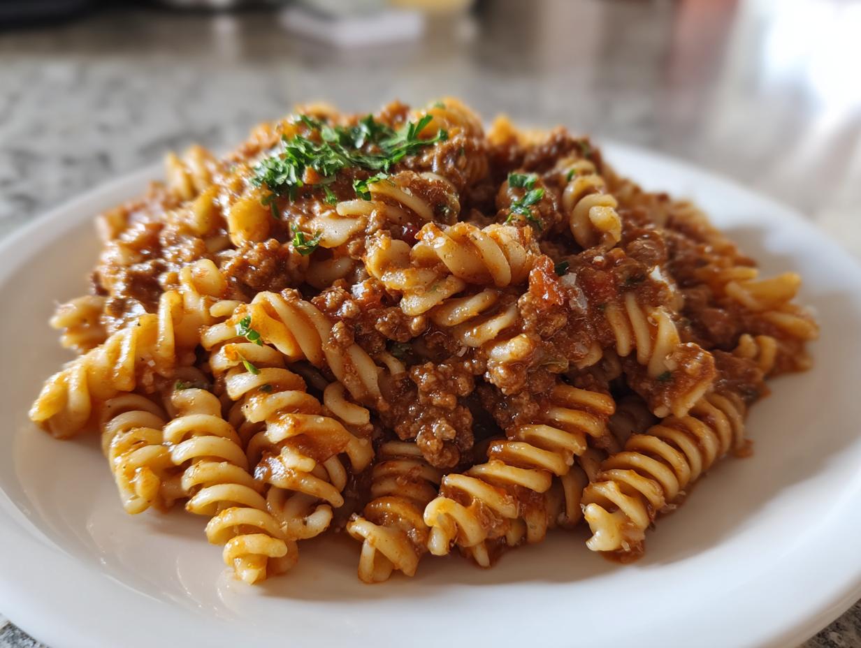 A close-up of a white plate piled high with creamy beef pasta made with fusilli noodles and topped with fresh parsley.