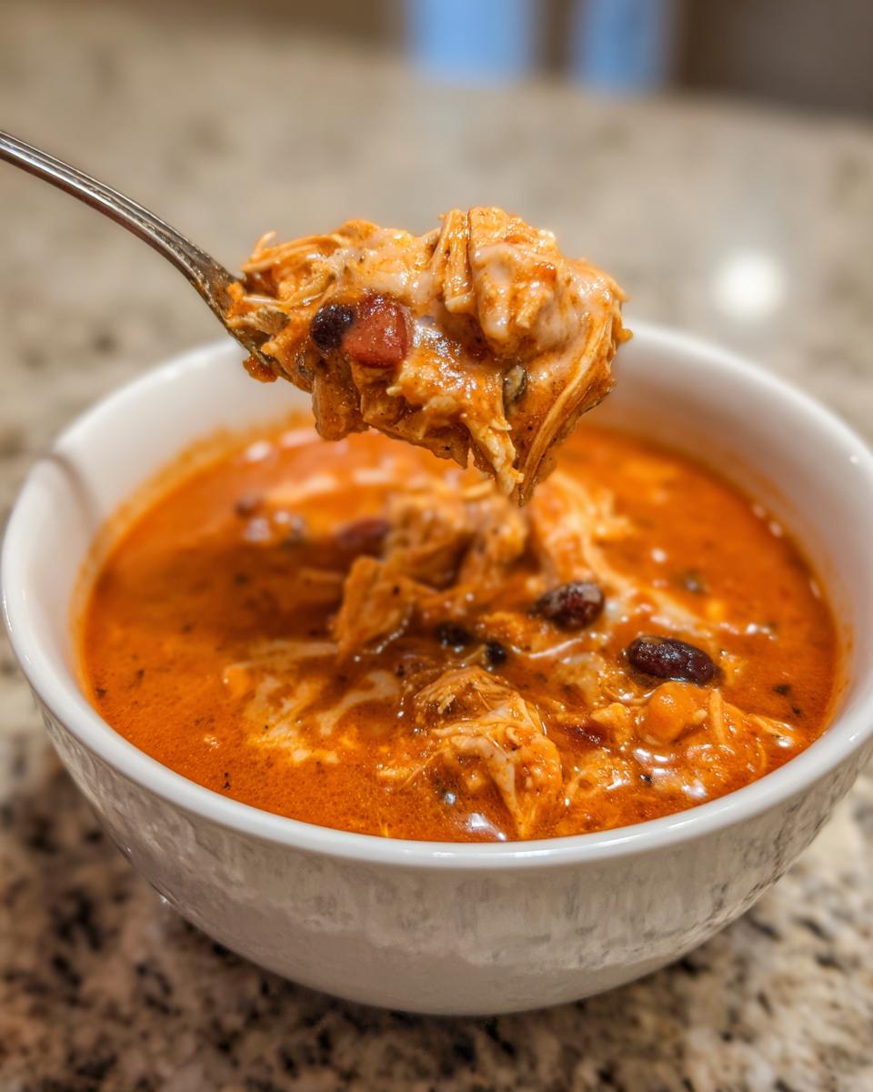 A spoonful of creamy buffalo chicken chili, rich with shredded chicken and melted cheese, lifted from a white bowl.
