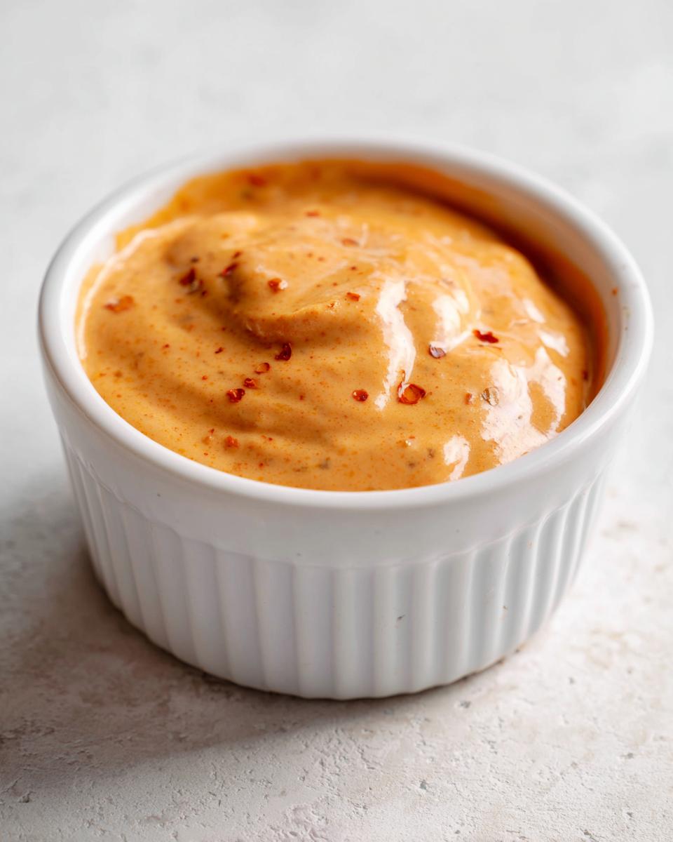 Close-up of a creamy, orange-colored burger sauce speckled with red pepper flakes in a small white ramekin.