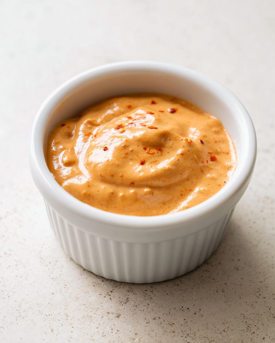 A small white ramekin filled with thick, creamy orange burger sauce, topped with visible red chili flakes.