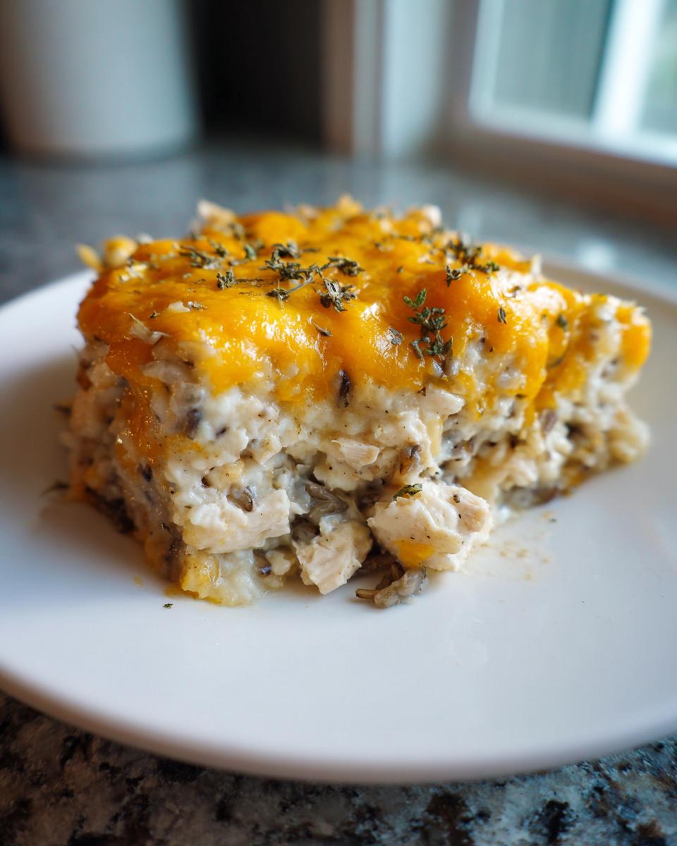 A close-up of a square slice of creamy chicken and wild rice casserole topped with melted cheddar cheese and herbs.