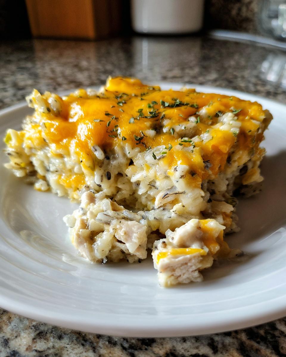 A square serving of creamy chicken and wild rice casserole topped with melted cheddar cheese and herbs.