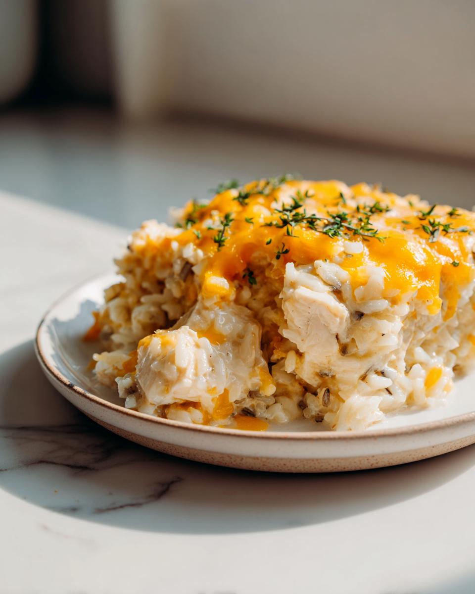 A close-up serving of creamy chicken and wild rice casserole topped with melted cheddar cheese and fresh herbs.