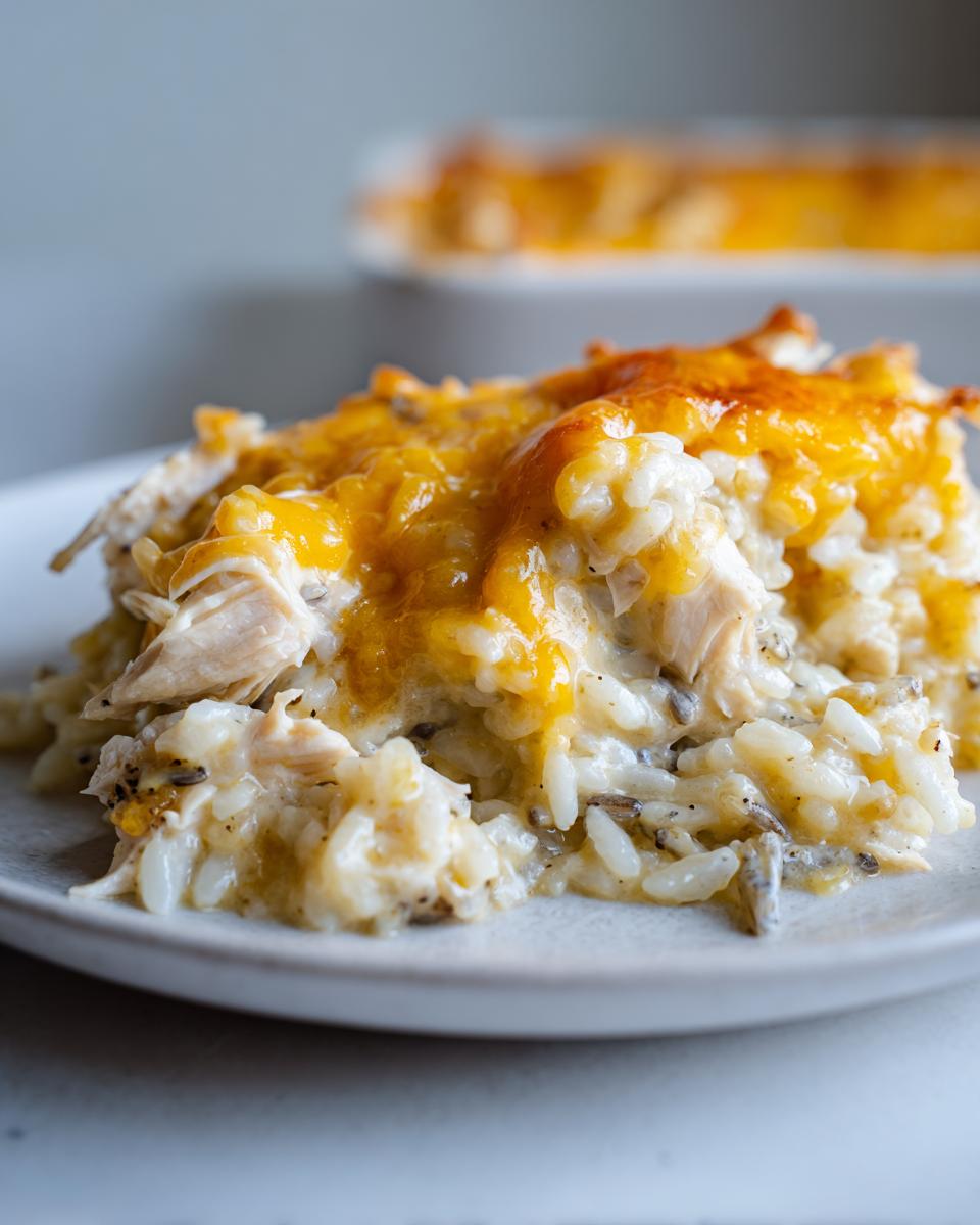Close-up of a serving of creamy chicken and wild rice casserole topped with melted cheddar cheese.