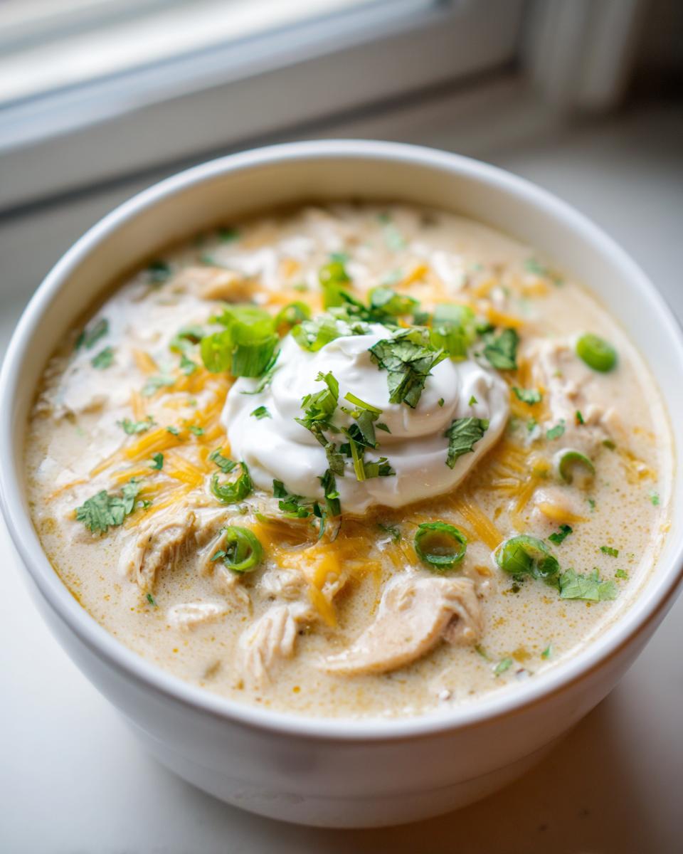 Close-up of a bowl of creamy white chicken chili topped with sour cream, shredded cheese, and green onions.