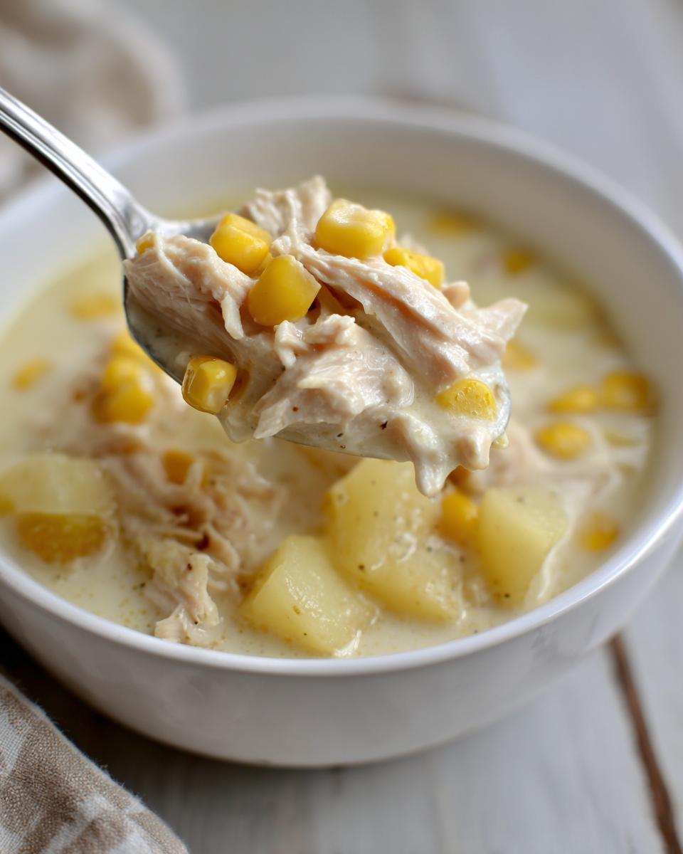 A spoonful of creamy chicken corn chowder showing shredded chicken and corn kernels being lifted from a white bowl.