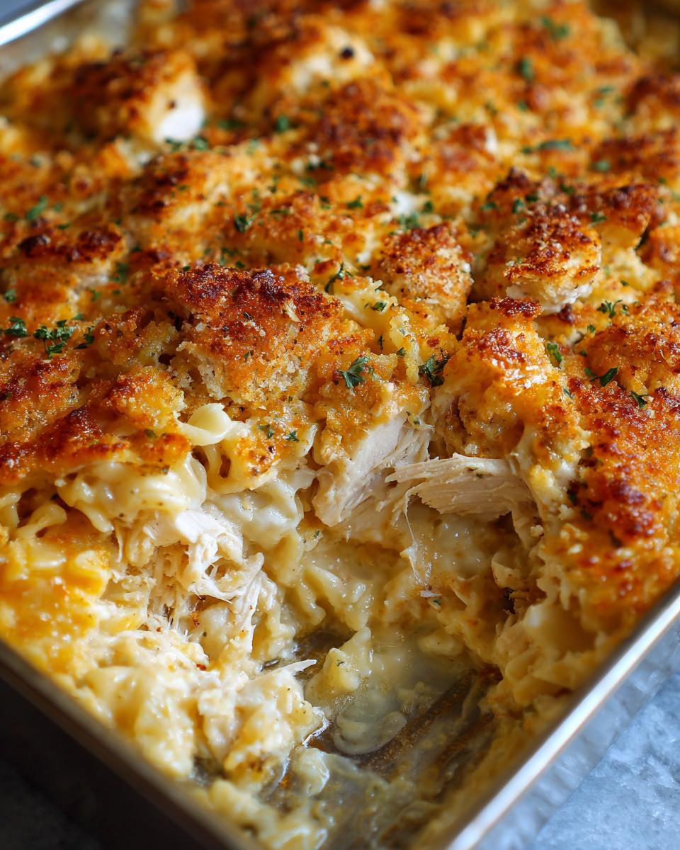 Close-up of a scoop taken out of a baked chicken noodle casserole showing creamy noodles and shredded chicken.