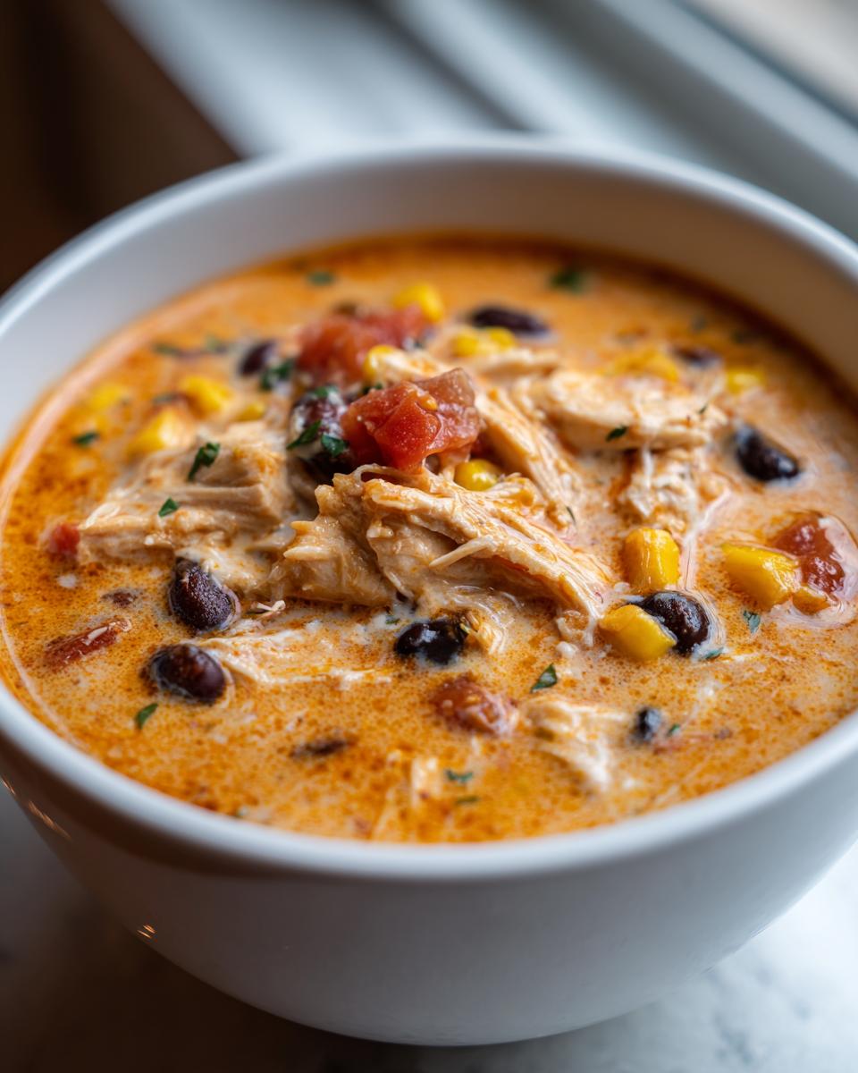 Close-up of a creamy, orange-hued bowl of amazing chicken taco soup with shredded chicken, black beans, corn, and tomatoes.