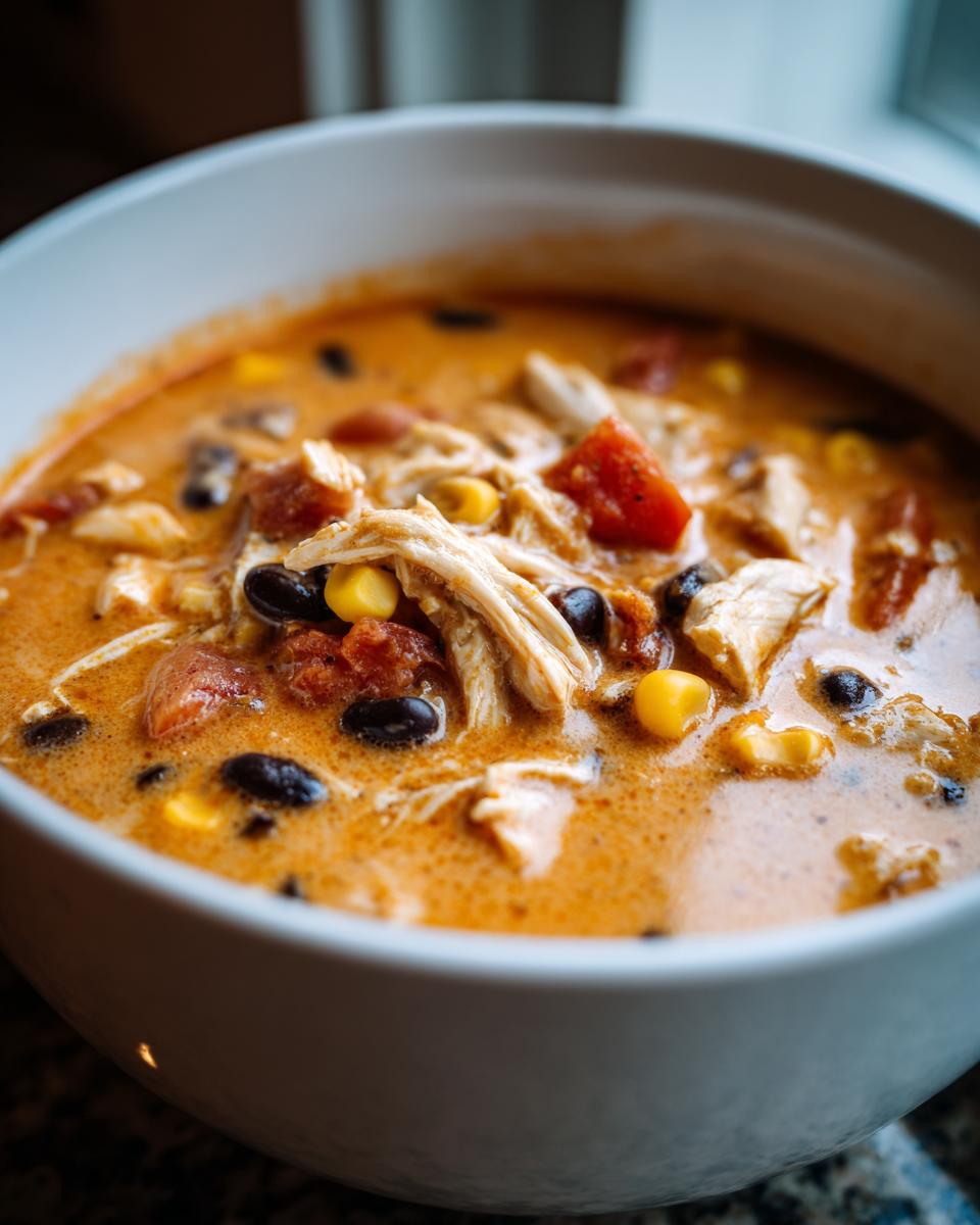 Close-up of a creamy bowl of amazing chicken taco soup filled with shredded chicken, black beans, corn, and tomatoes.