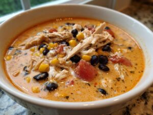 Close-up of a bowl of creamy chicken taco soup filled with shredded chicken, black beans, corn, and tomatoes.