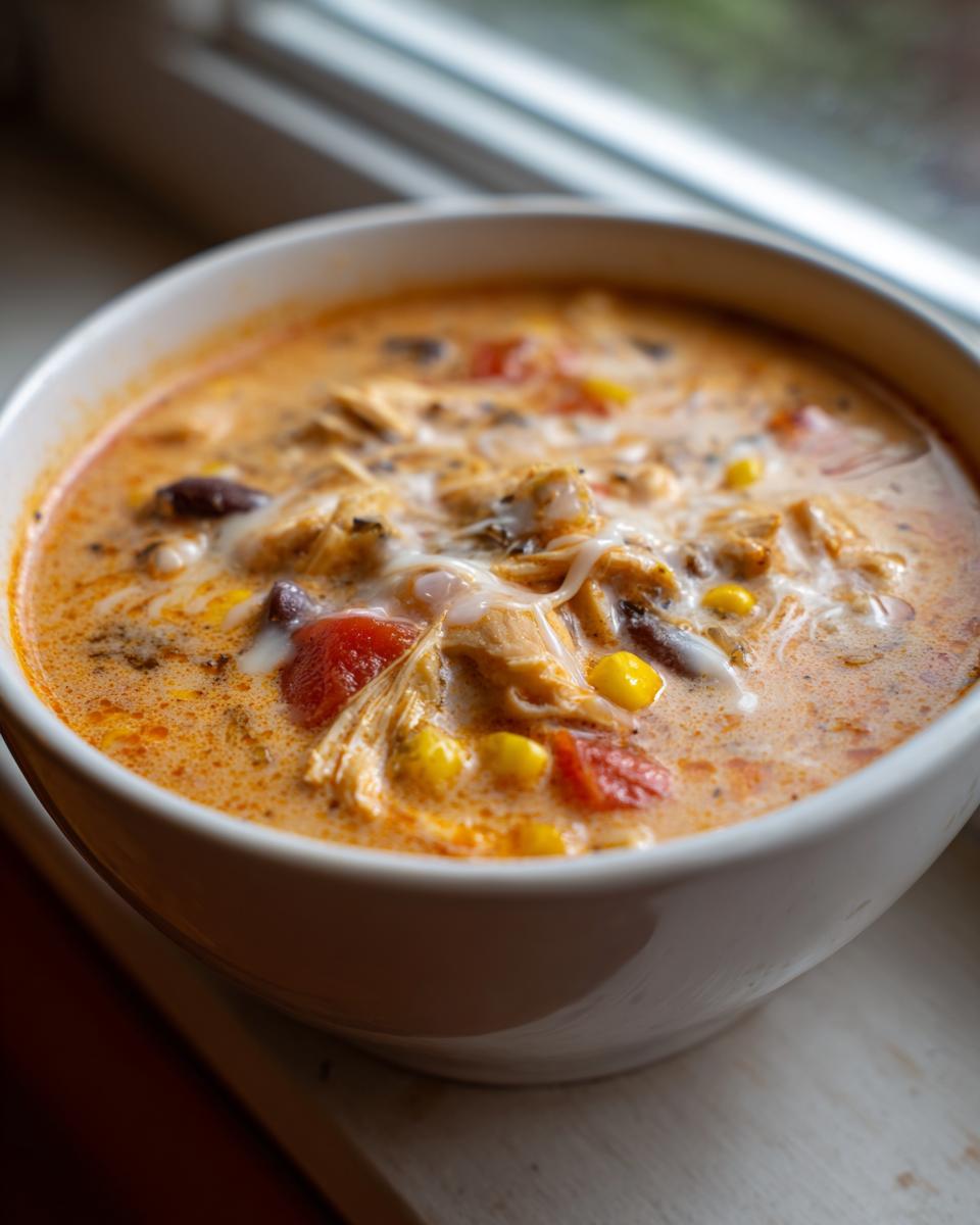 Close-up of a creamy, orange-hued chicken taco soup with shredded chicken, corn, and tomatoes in a white bowl.