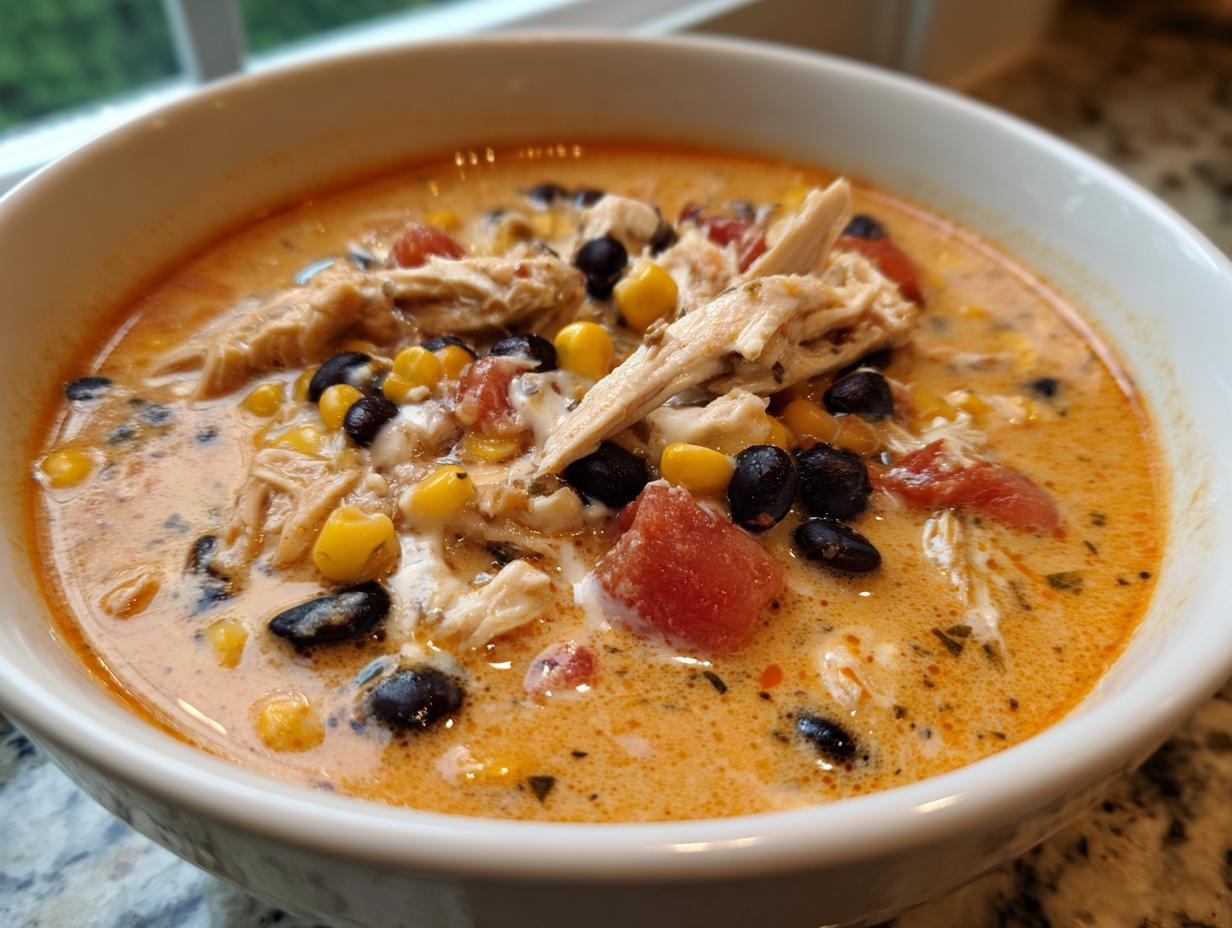 Close-up of a bowl of creamy chicken taco soup filled with shredded chicken, black beans, corn, and tomatoes.