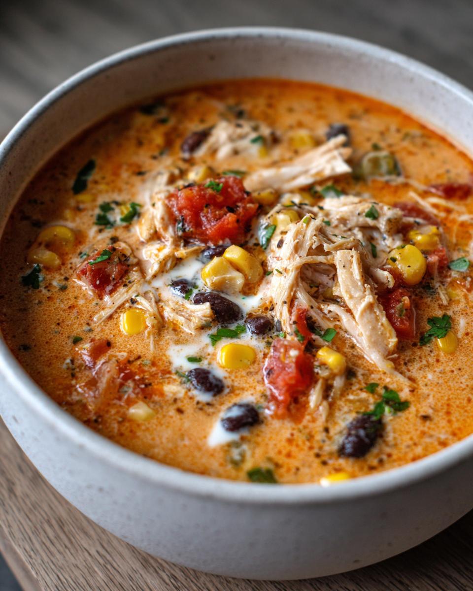 Close-up of a bowl of creamy chicken taco soup topped with shredded chicken, black beans, corn, and diced tomatoes.