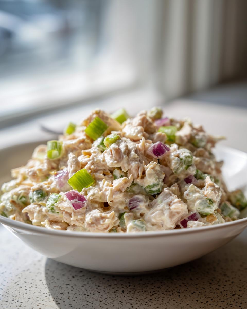 A close-up of creamy cottage cheese chicken salad mixed with diced red onion and green celery, served in a white bowl.