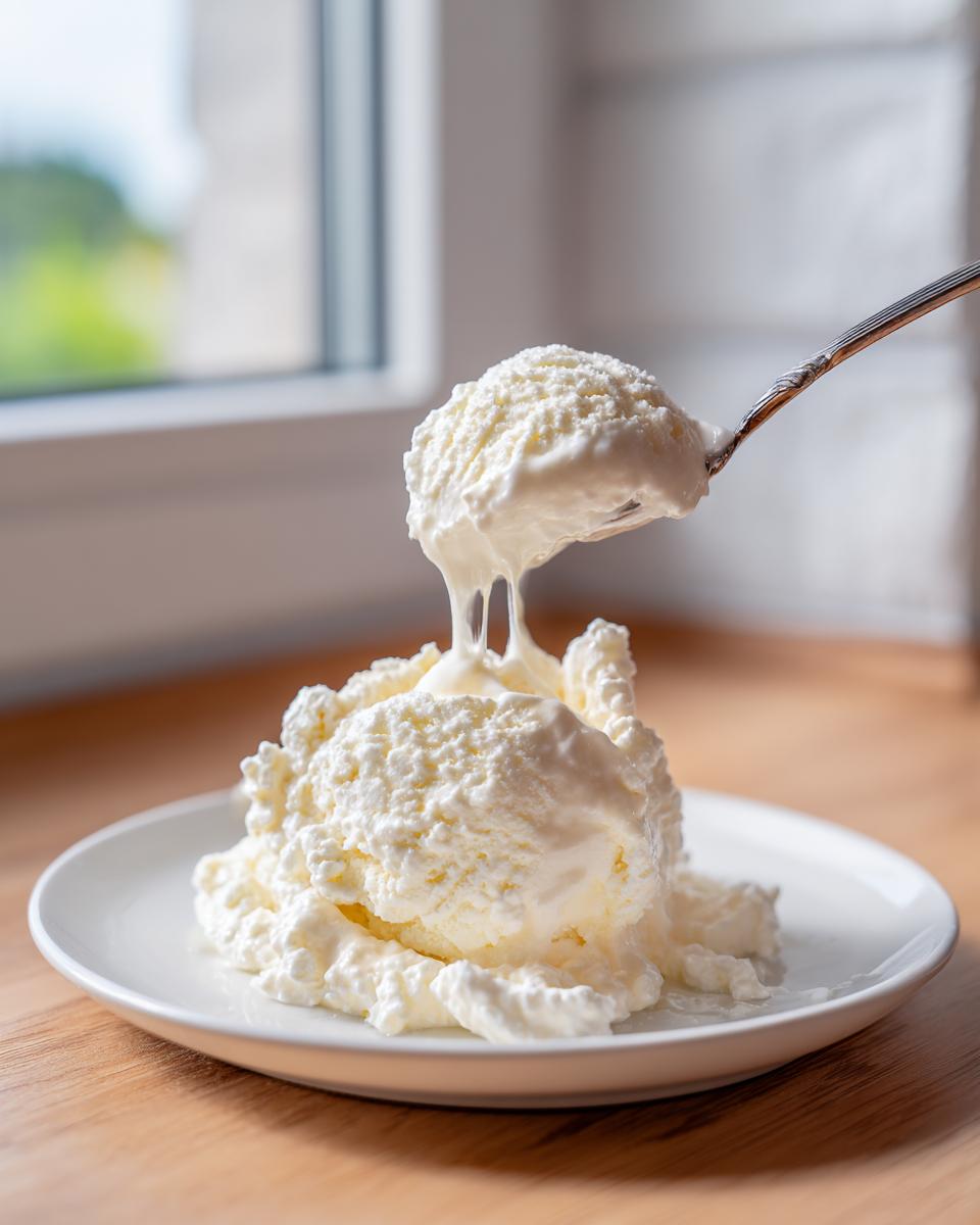 A spoonful of creamy cottage cheese ice cream is lifted from a mound on a white plate, showing drips.