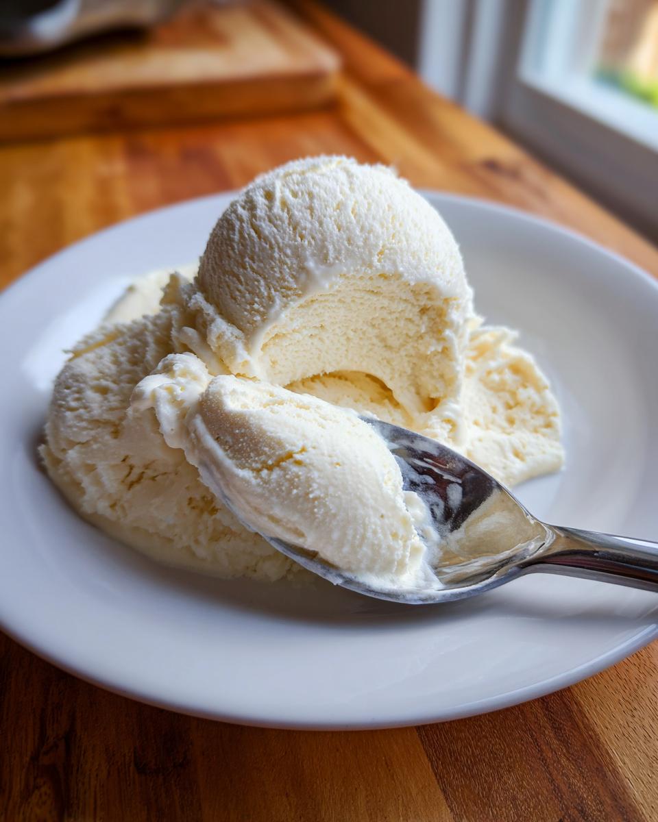 A scoop of creamy white cottage cheese ice cream being lifted by a spoon from a white plate.