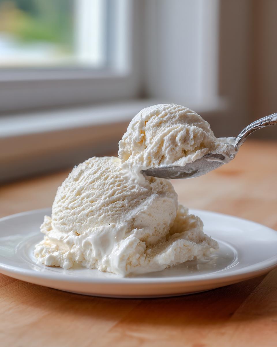 A metal spoon scoops a perfect ball of creamy white cottage cheese ice cream from a serving on a white plate.