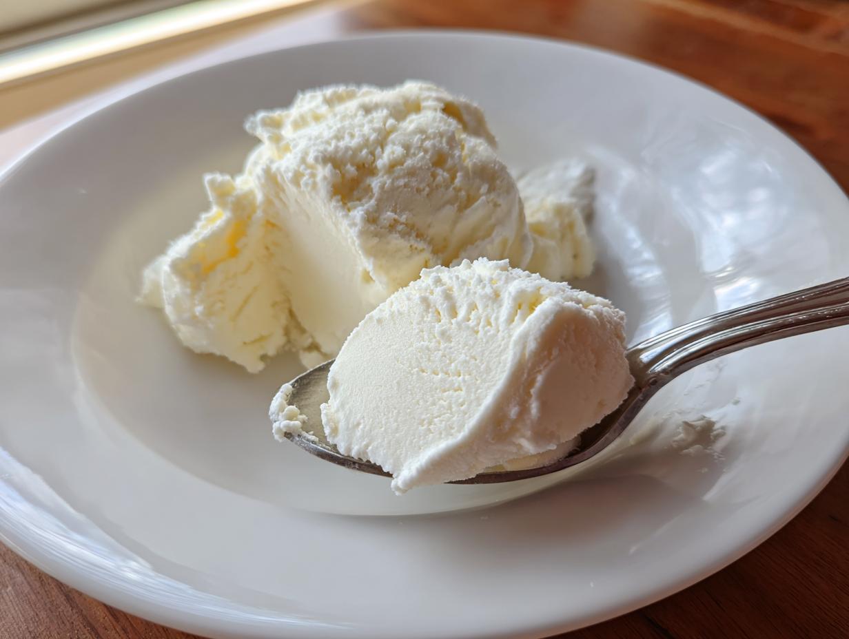 A close-up of creamy white cottage cheese ice cream being held on a silver spoon, with more scoops resting on a white plate.
