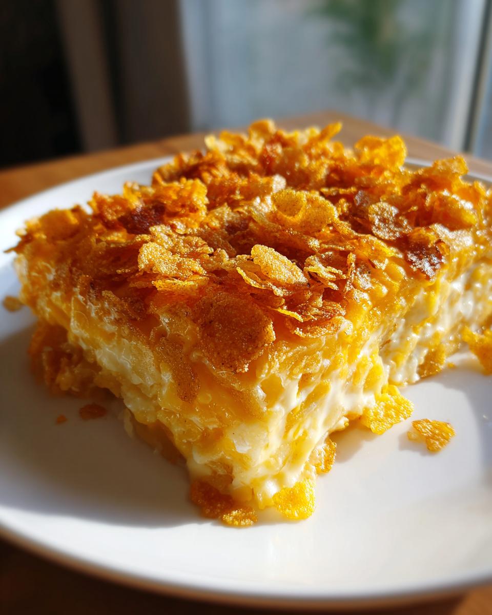 A close-up serving of creamy funeral potatoes recipe topped with golden, crunchy cornflakes.