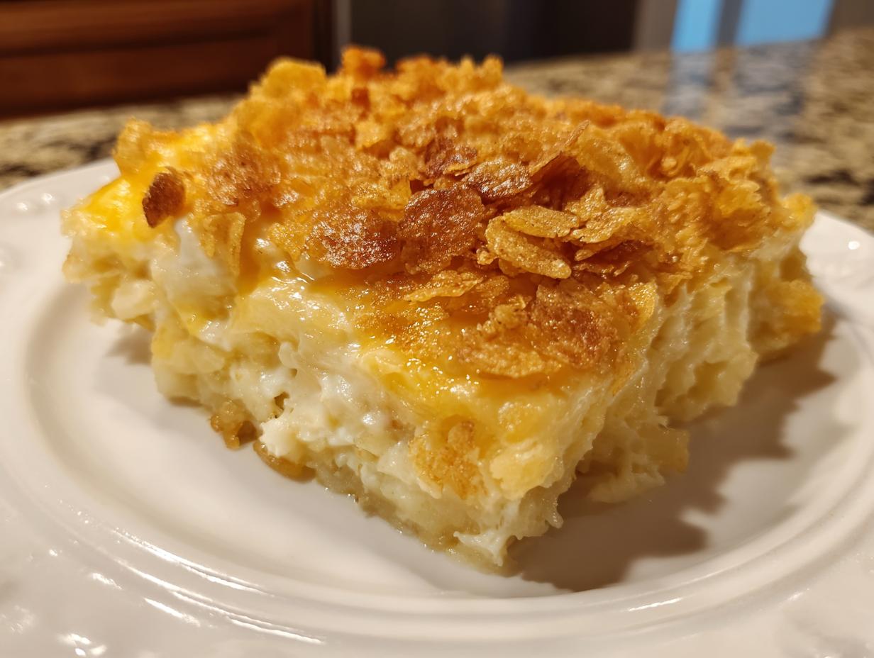 A close-up serving of creamy funeral potatoes recipe topped with golden, crunchy cornflakes on a white plate.