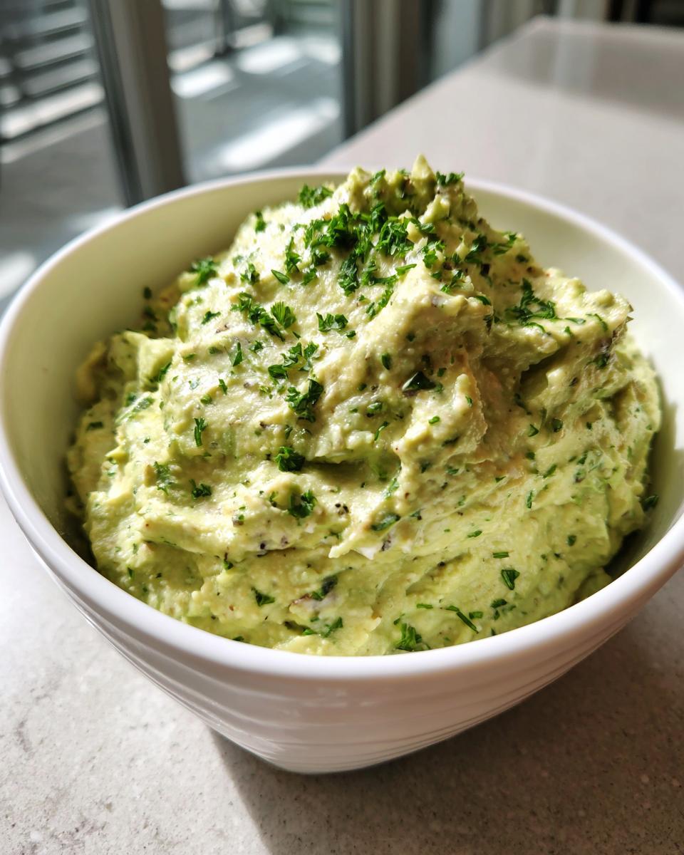 A vibrant, creamy green olive dip generously portioned in a white bowl and garnished with chopped fresh parsley.