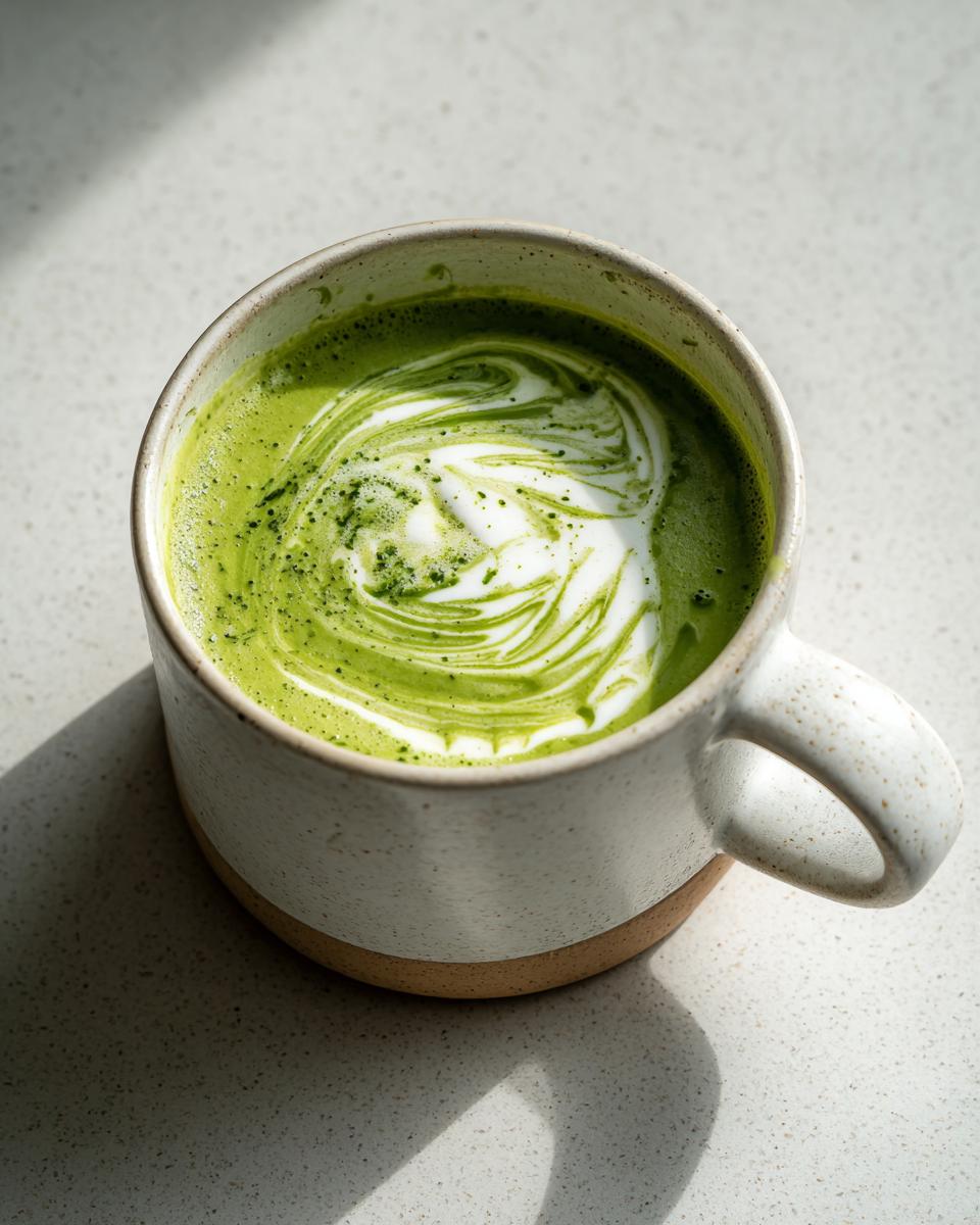Close-up of a vibrant green liquid, resembling creamy asparagus soup, topped with a white swirl in a speckled ceramic mug.