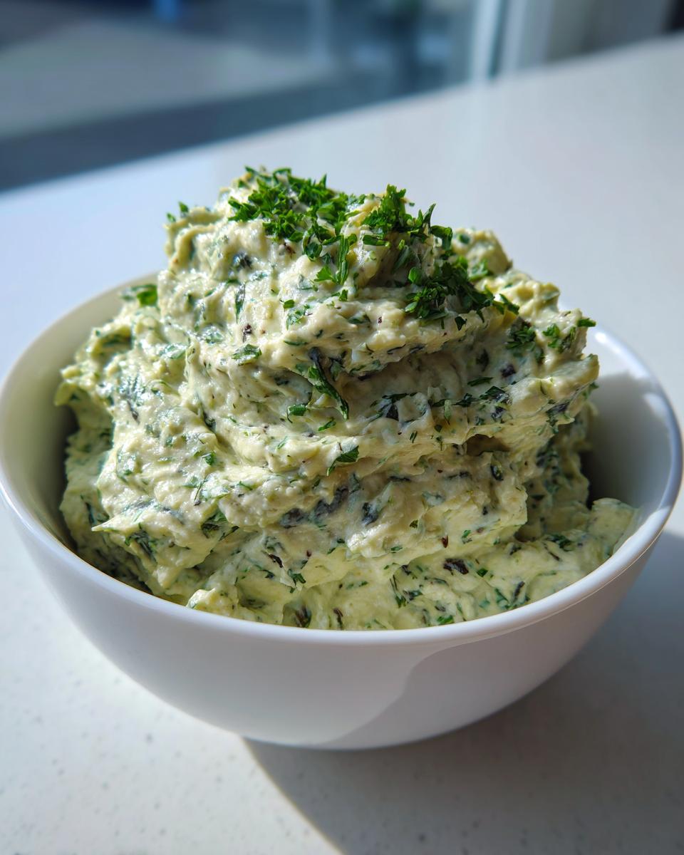 A close-up of a thick, creamy olive dip mixed with green herbs, served high in a white bowl.