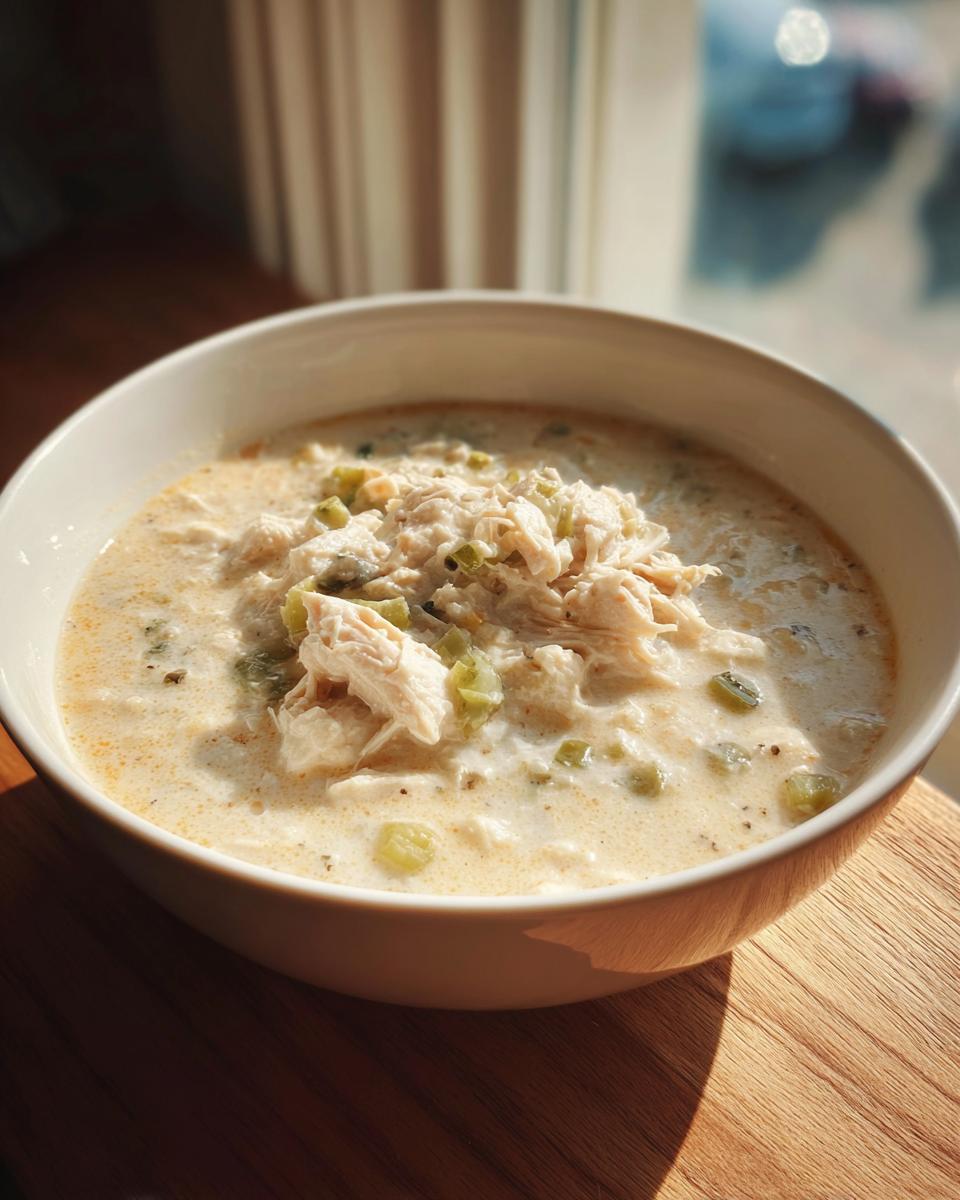 A close-up of a white bowl filled with creamy keto white chicken chili, topped generously with shredded chicken and green peppers.