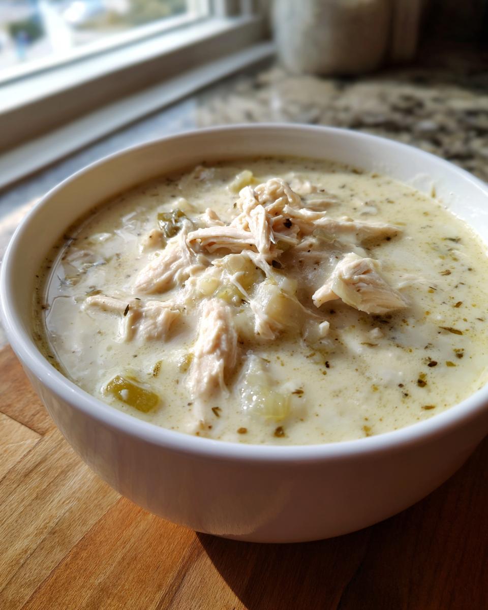 A close-up of a white bowl filled with creamy keto white chicken chili, topped with shredded chicken and herbs.