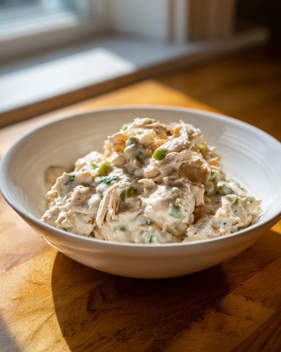 A close-up of a creamy, shredded chicken mixture, likely keto white chicken chili, served in a white bowl on a wooden surface.