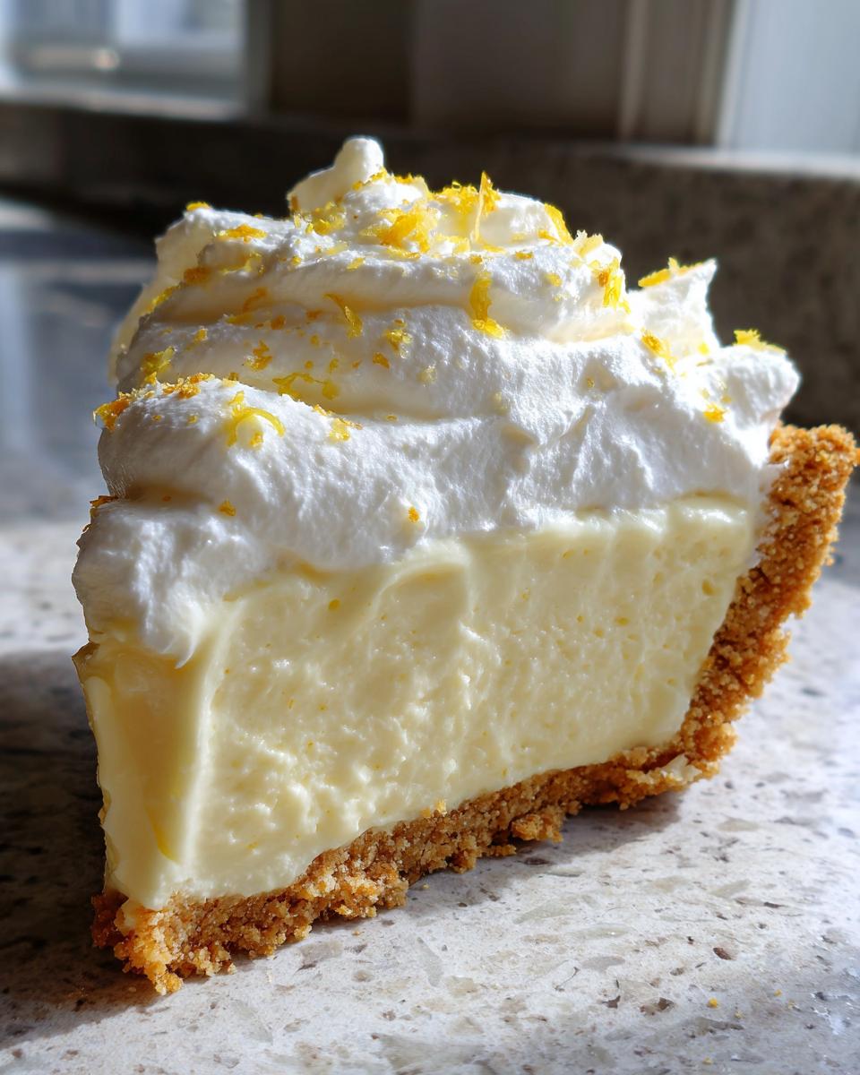 A close-up slice of creamy lemon pie with a graham cracker crust and topped with whipped cream and lemon zest.