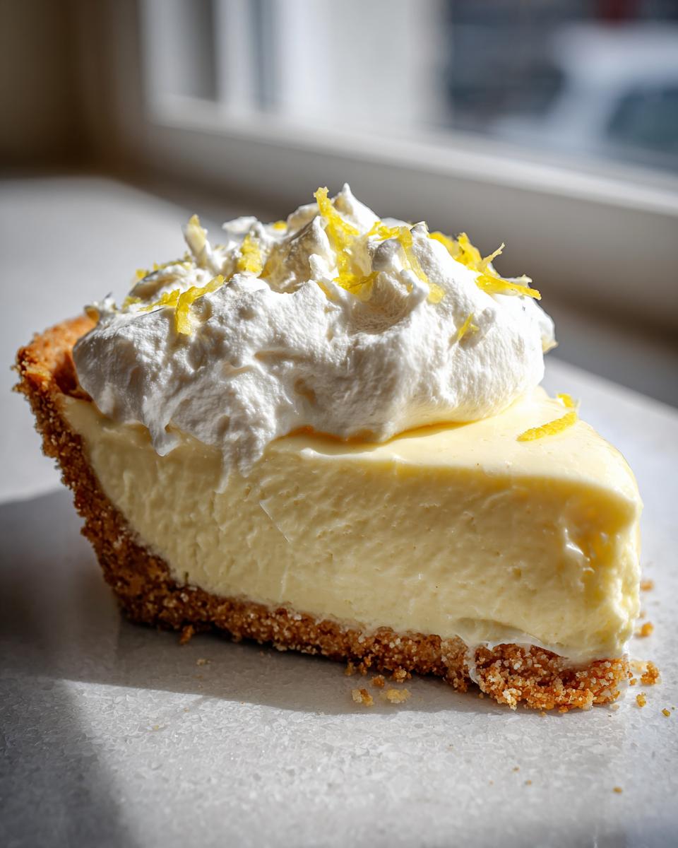 A close-up slice of creamy lemon pie with a graham cracker crust, topped with whipped cream and lemon zest.