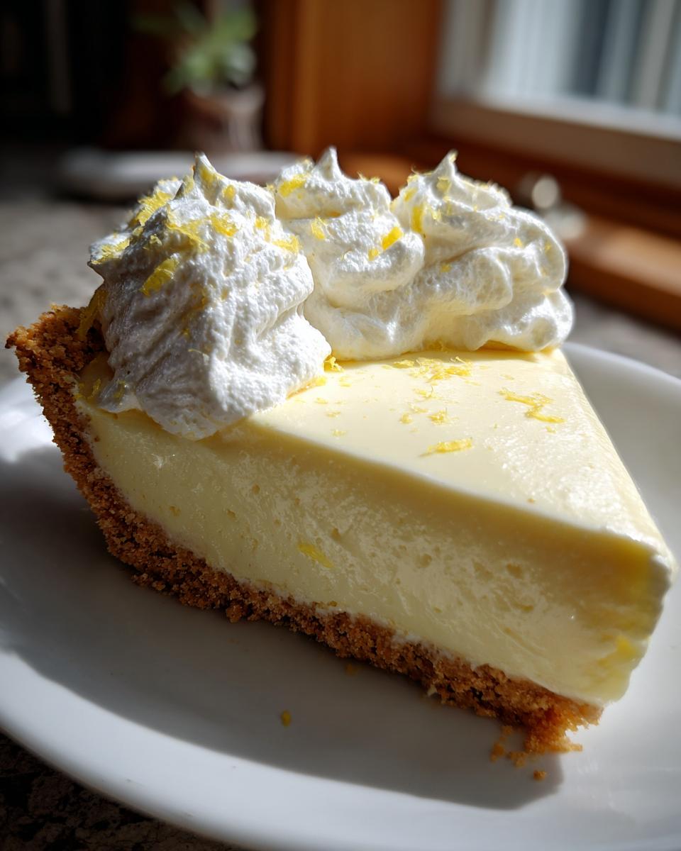 A perfect slice of creamy lemon pie on a white plate, topped with whipped cream and lemon zest.