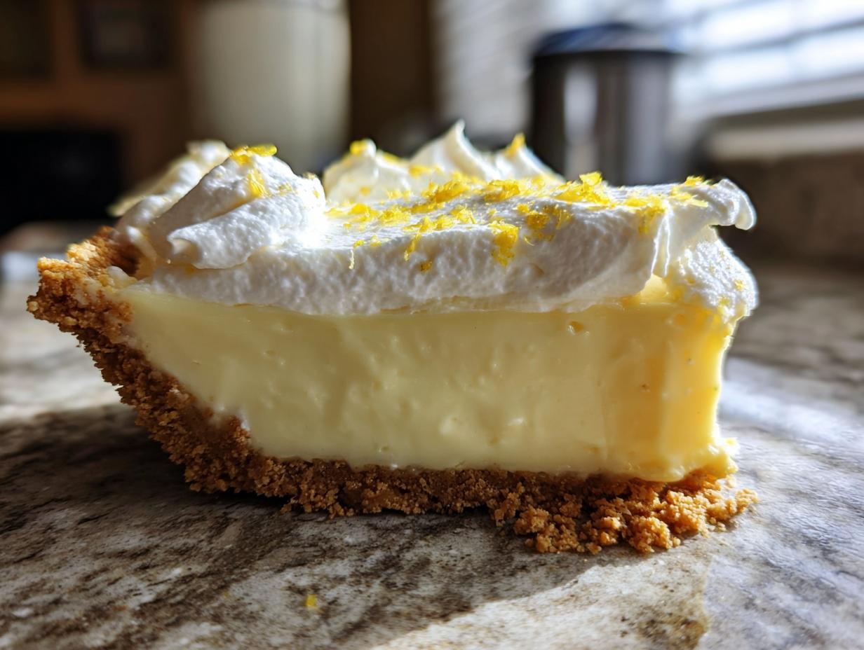 Close-up of a thick slice of creamy lemon pie with a graham cracker crust and whipped topping sprinkled with zest.