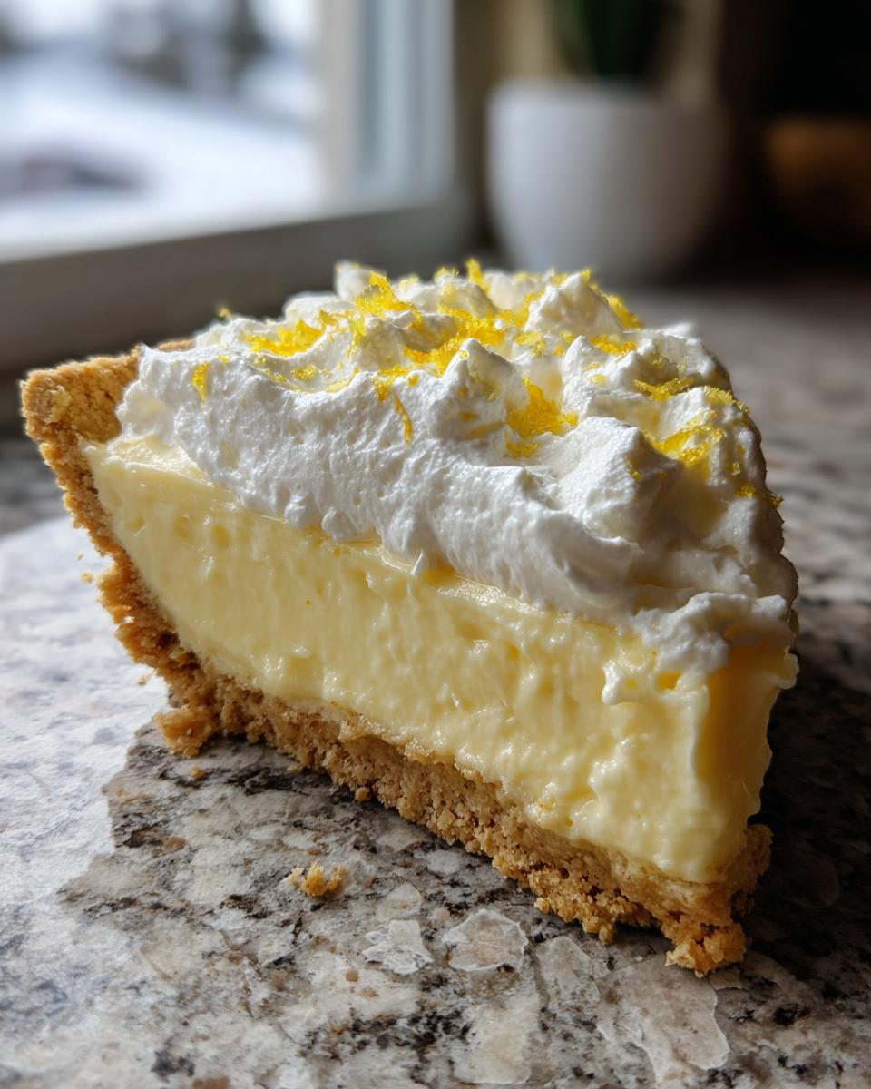 A close-up slice of creamy lemon pie with a graham cracker crust, topped with whipped cream and bright yellow lemon zest.