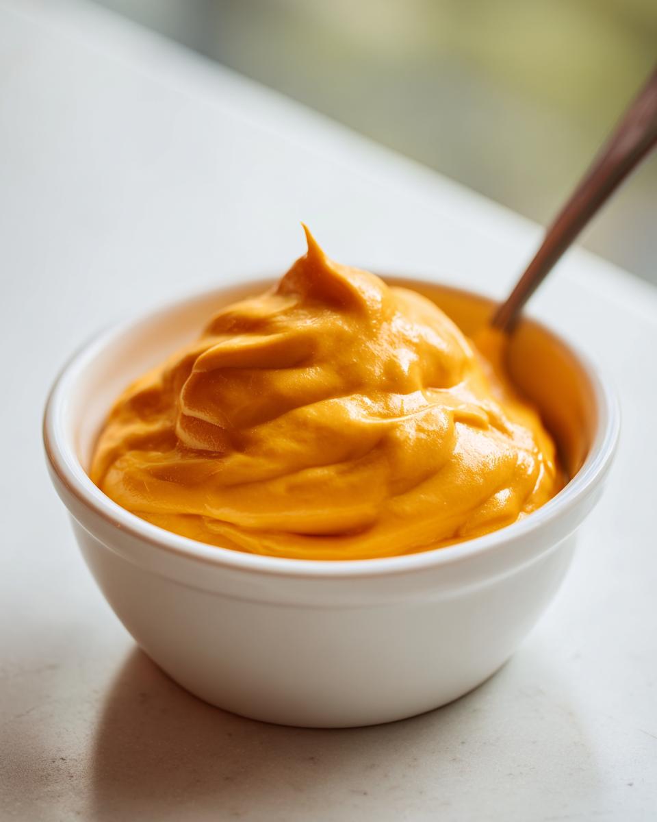 A close-up of thick, vibrant orange nacho cheese sauce swirled high in a small white dipping bowl with a spoon.