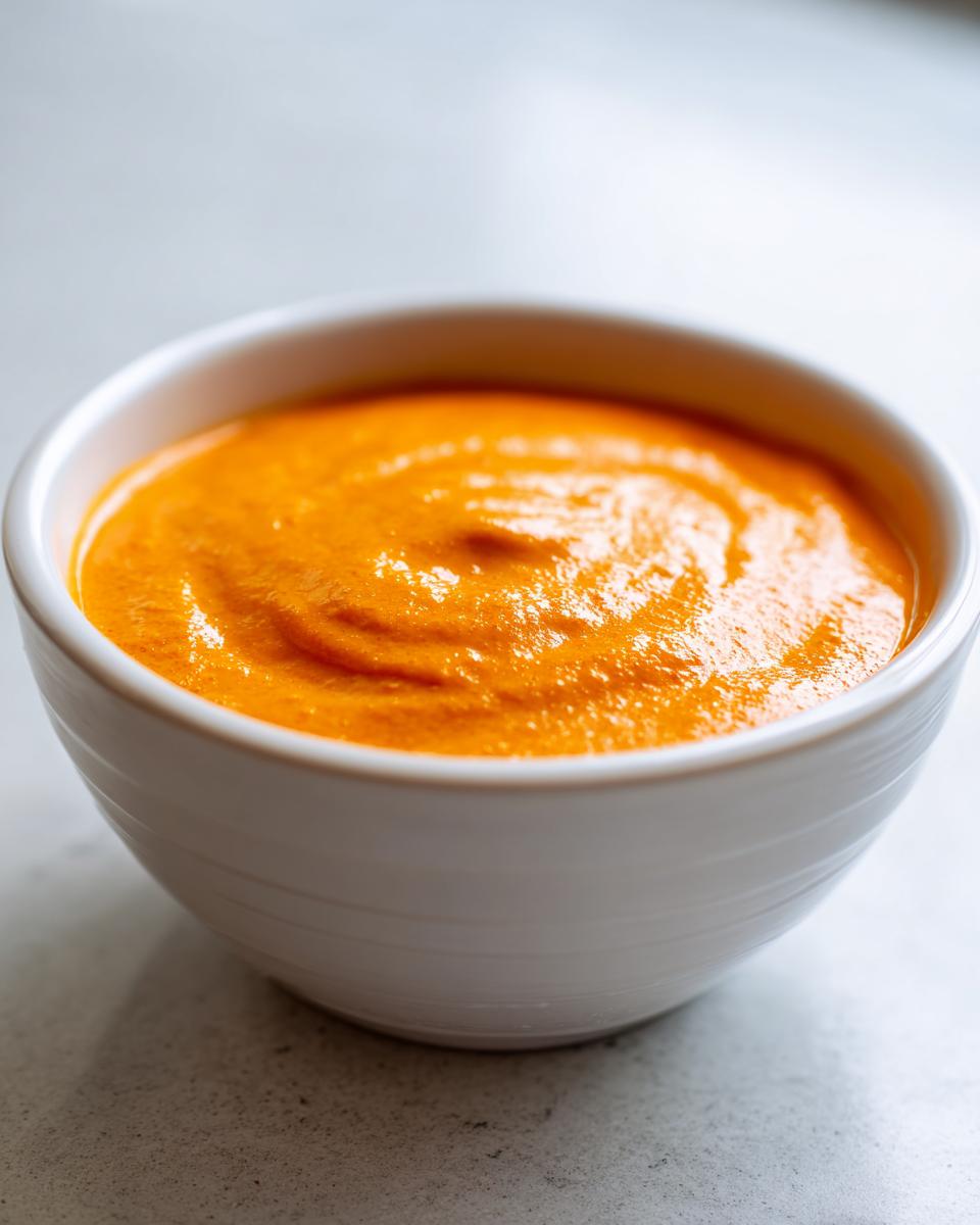 Close-up of a small white bowl filled with thick, vibrant orange nacho cheese sauce.