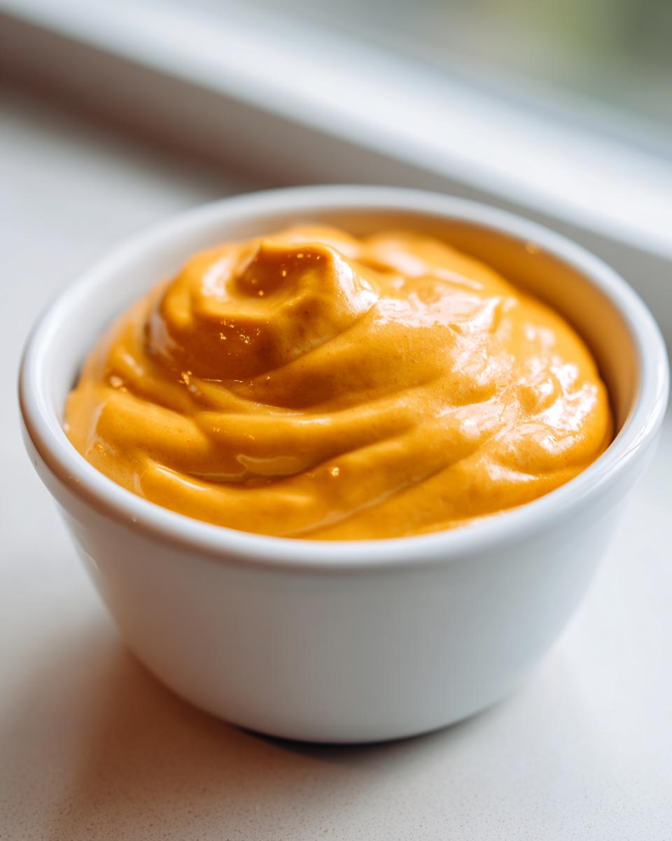 Close-up of smooth, bright orange nacho cheese sauce swirled in a white dipping bowl.