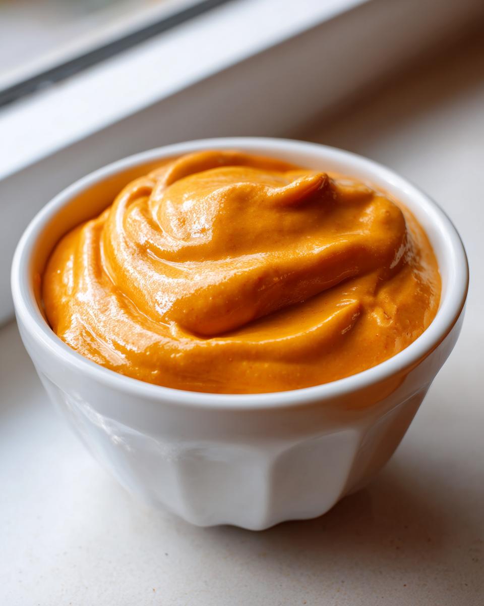 Close-up of thick, creamy orange nacho cheese sauce swirled in a small white ceramic bowl.