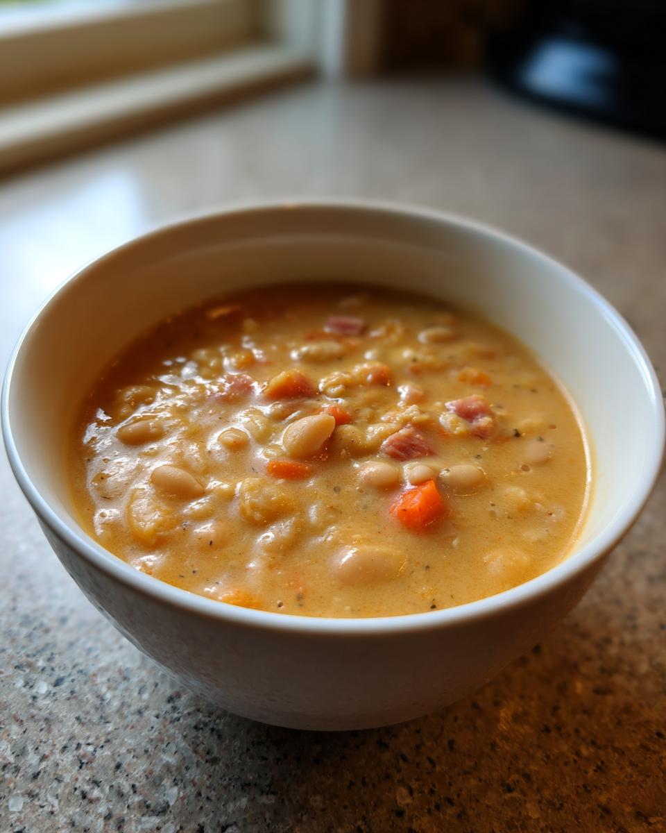 Close-up of a creamy bowl of navy bean soup featuring white beans, diced carrots, and small pieces of ham.