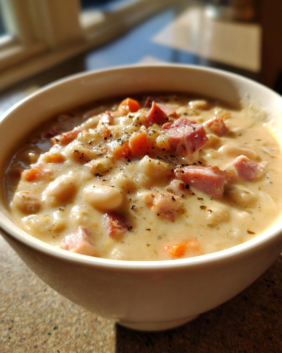 Close-up of creamy navy bean soup topped with diced ham, carrots, and herbs, served in a white bowl.