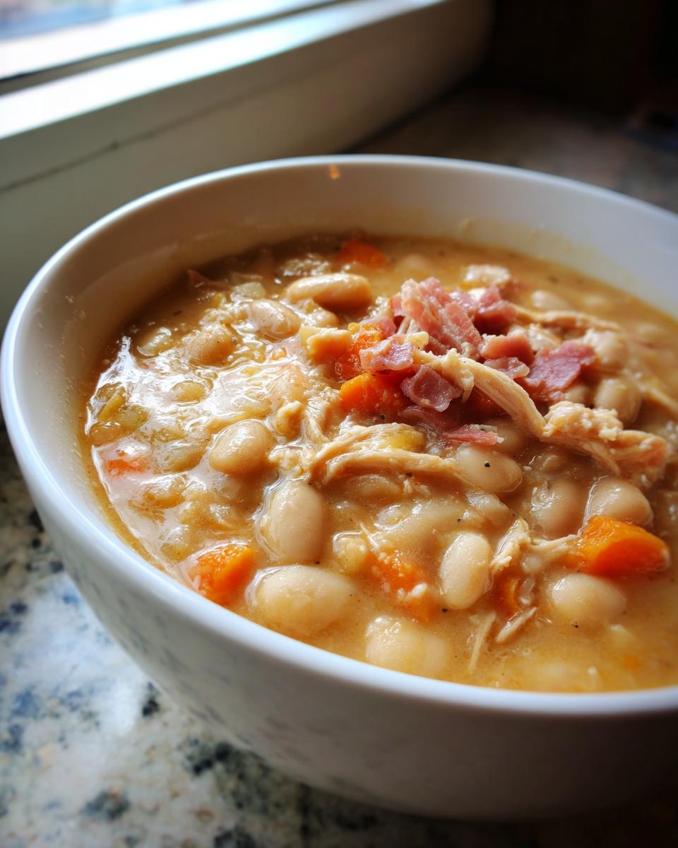 Close-up of a creamy bowl of navy bean soup, featuring white beans, carrots, shredded chicken, and topped with diced ham.