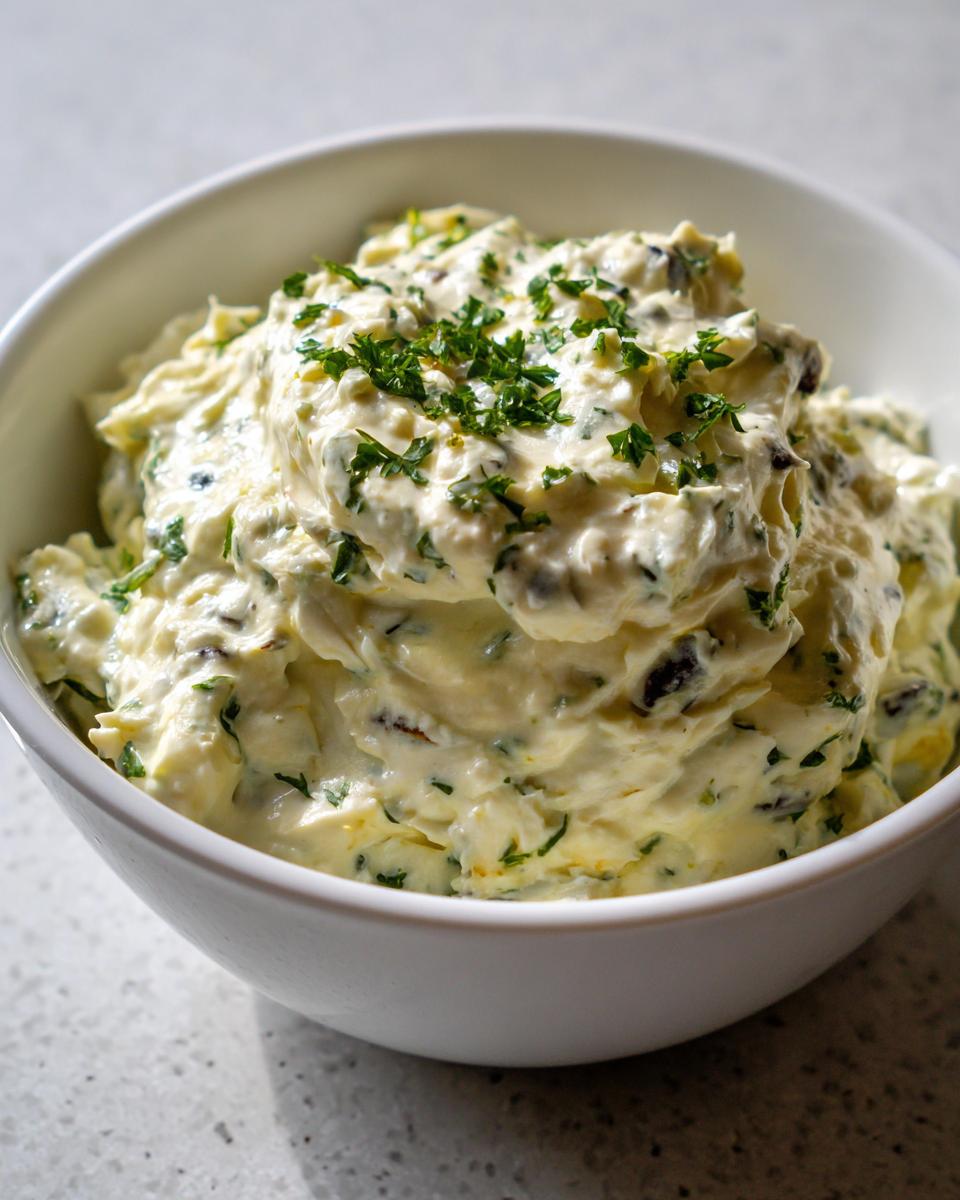 A close-up of a creamy, whipped olive dip mixed with herbs, garnished with fresh parsley, served in a white bowl.
