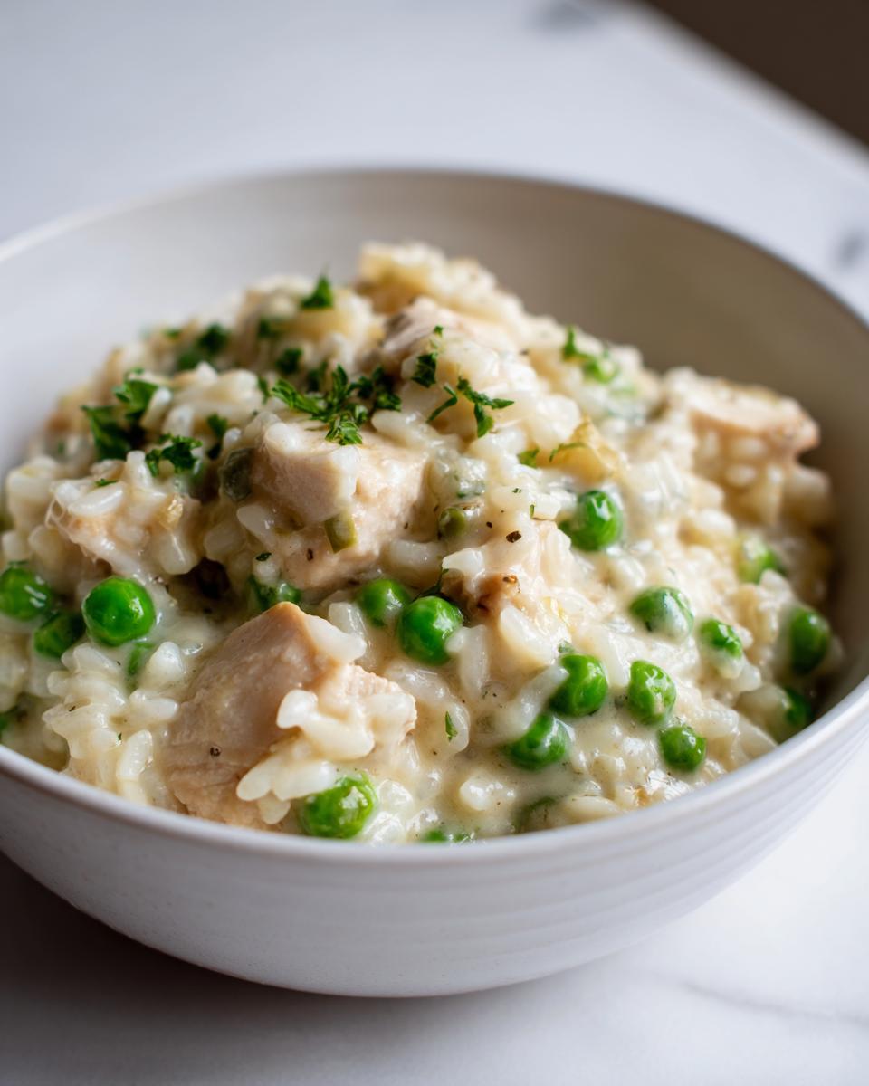 Close-up of creamy one pot chicken and rice mixed with bright green peas and topped with fresh parsley.