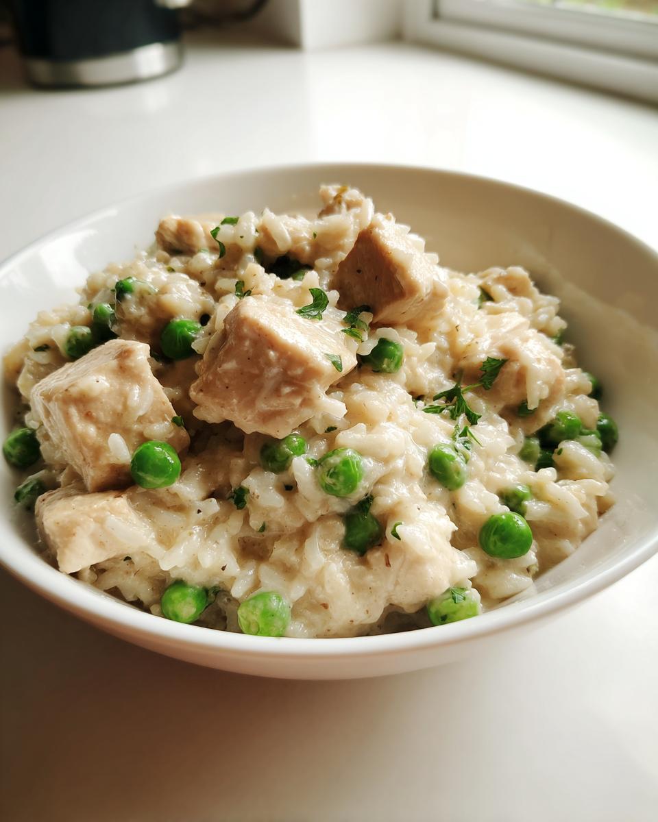 Close-up of creamy one pot chicken and rice mixed with bright green peas in a white bowl.