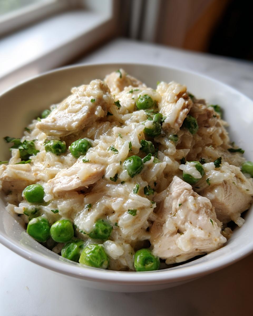 Close-up of creamy one pot chicken and rice mixed with bright green peas and fresh parsley in a white bowl.